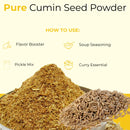 Bulk cumin seed powder and whole cumin seeds in a bowl, with text on culinary uses.