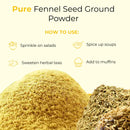 Fennel seed ground powder with whole seeds, usage tips for salads, soups, teas, and muffins.