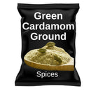Bag of ground green cardamom powder with whole pods and wooden scoop, labeled spices
