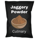 Bulk jaggery powder pack, black bag with bowl of brown sweetener, labeled culinary use.