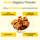 Bowl filled with brown jaggery cubes, labeled pure jaggery powder and premium ingredients.