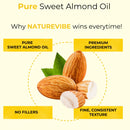 Whole and split sweet almonds with green leaves, highlighting pure almond oil benefits and features.