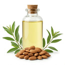 Glass bottle of sweet almond oil with almonds and green leaves on white background