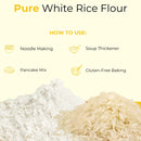 White rice flour and uncooked white rice grains with text highlighting uses like noodle making, soup thickener, pancake mix, and gluten-free baking.