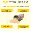 Sack of white rice spilling on a yellow background with text highlighting pure white rice flour, premium ingredients, no fillers, and fine, consistent texture.