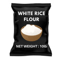 Black bag of white rice flour 10lb with bowl illustration on front packaging