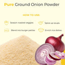 Pure ground onion powder with red onion and usage ideas for seasoning, soups, burgers, rice.