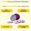 Sliced red onion promoting pure ground onion powder, premium ingredients, no fillers, and fine texture.