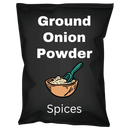 Black packet labeled Ground Onion Powder Spices with illustrated bowl and spoon