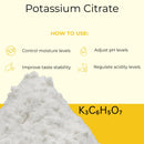 Potassium citrate powder with usage benefits and chemical formula K3C6H5O7 displayed.