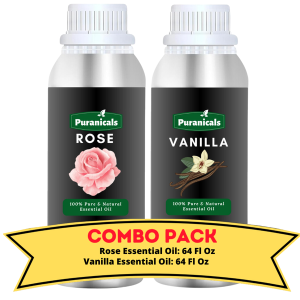 Rose Essential Oil & Vanilla Essential Oil Bundle- 64 Oz Each | Hydrating Rose Essential Oil with Sweet Vanilla Essential Oil for a Luxuriously Nourishing and Relaxing Experience | Ideal for Moisturizing Skincare, Soothing Aromatherapy and, Body Oil