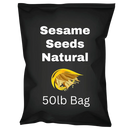 Black 50lb bag labeled Sesame Seeds Natural with sesame pod illustration