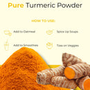 Turmeric root and turmeric powder pile with uses for oatmeal, smoothies, soups, and veggies.
