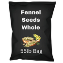 Whole fennel seeds 55lb bag, black packaging with fennel seeds illustration