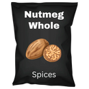 Black package of whole nutmeg spice featuring nutmeg illustrations and bold text.